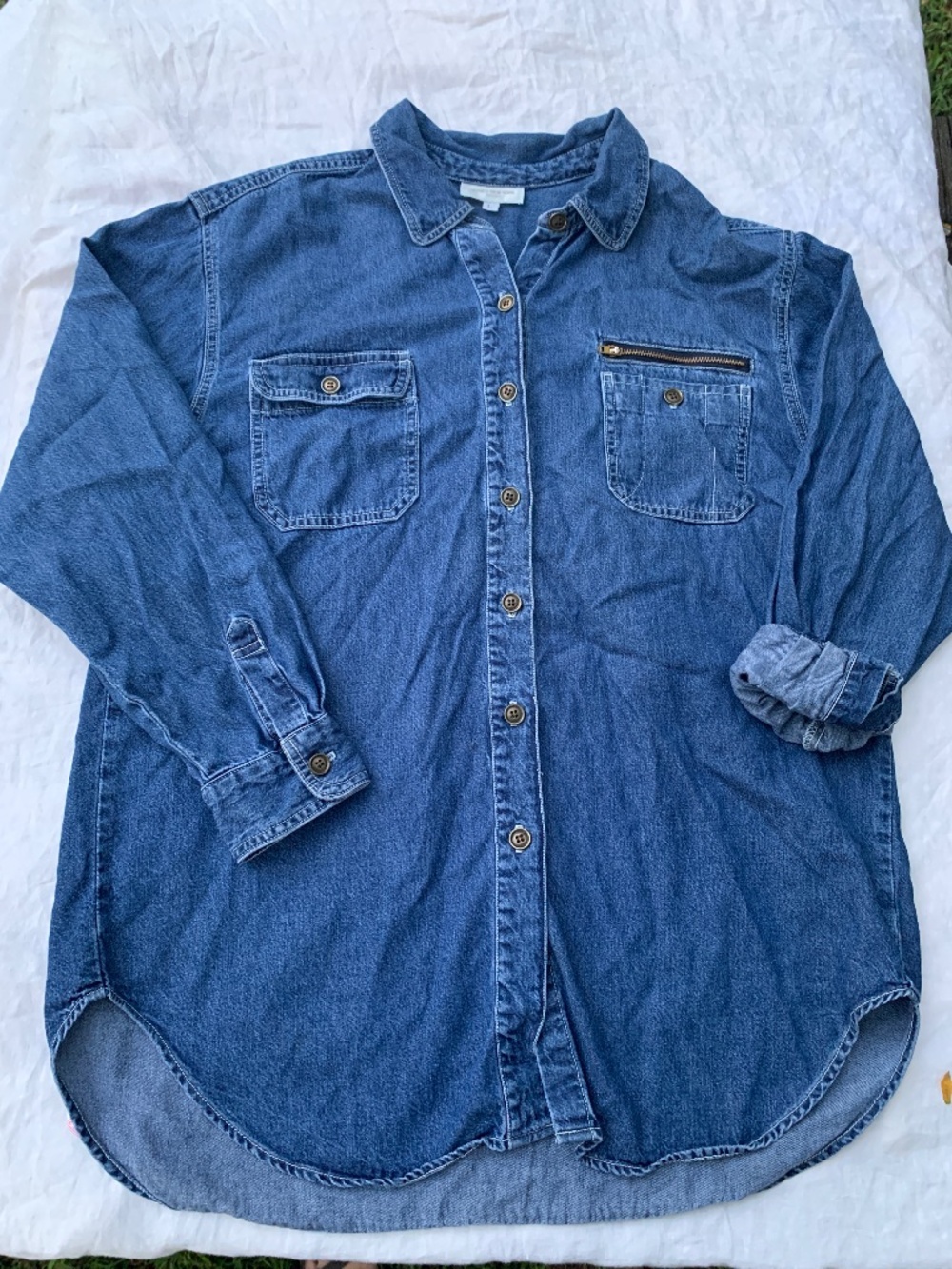 Heavy duty denim layering shirt, 90's mom shirt, zipper pocket, cotton, size L